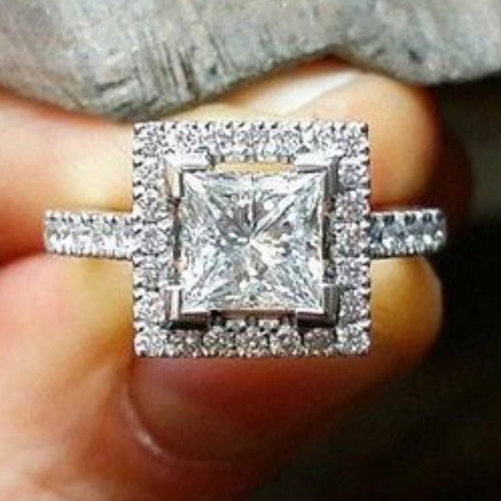 😍Pure Anillos Princess Cut Zircon Silver Plated Fashion Wedding Ring, L271